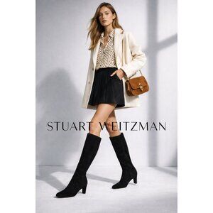 Stuart Weitzman Black Suede Knee High Boots Womens 8M Pull On Kitten Heel